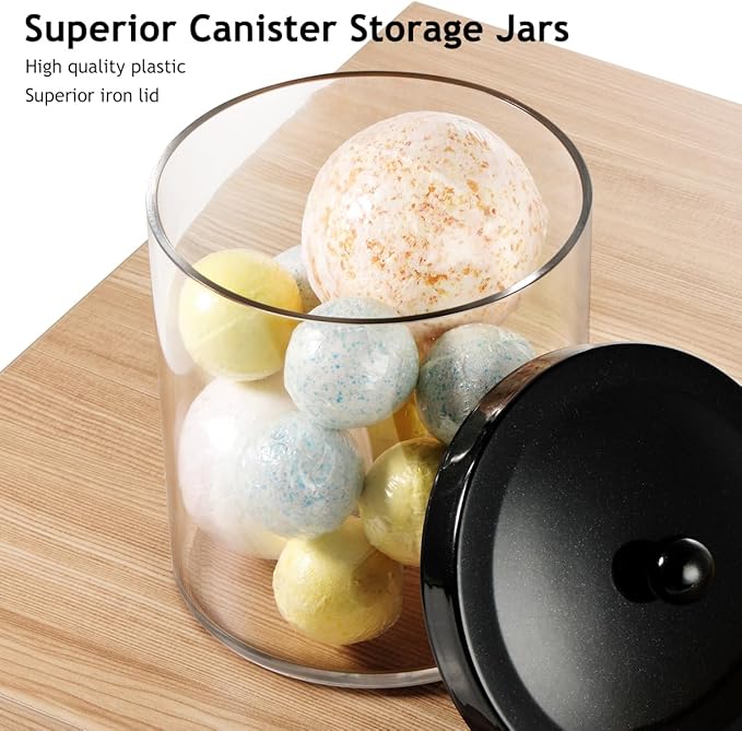 3 Pack 50 Oz Large Plastic Apothecary Jar with Black Stainless Steel Lid - Shatterproof Laundry Pods Container - Modern Industrial Bathroom & Kitchen Storage Organizer for Scent Beads, Bath Bombs