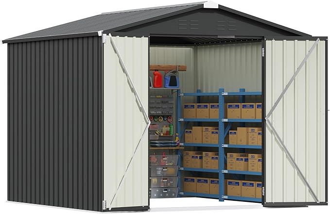 Patiowell 8x8 FT Outdoor Storage Shed, Heavy Duty Tool Metal Sheds with Lockable Doors and Updated Frame Structure for Backyard Patio Lawn, Black