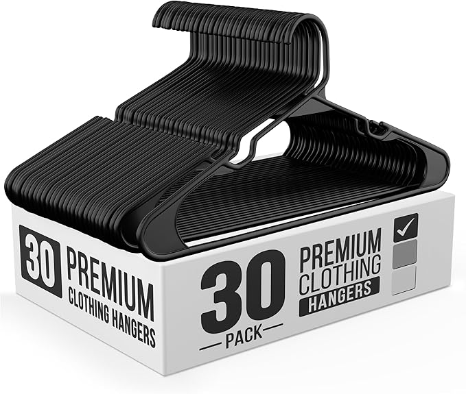30 Pack Adult Plastic Hanger for Shirt Pants Coats Dresses Skirts Suits Jackets - Standard Thick Coat Hanger - Sturdy & Durable Design with Shoulder Grooves Hook - Black