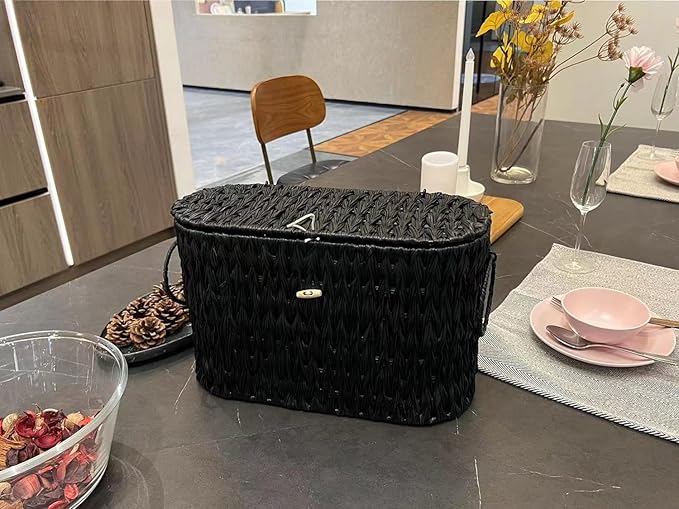 Black Toilet Paper Basket with Lid,Wicker Toilet Paper Storage Stand,Large Narrow Bathroom Towel Basket Mega Roll Container Bin for Toilet Tank,Floor