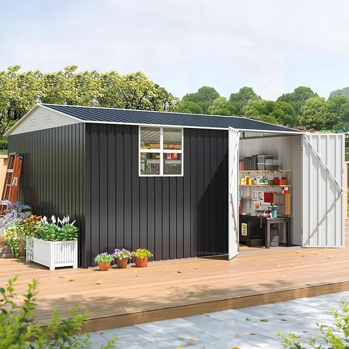 Polar Aurora 10X12 FT Metal Outdoor Storage Shed with Window, Heavy-Duty Galvanized Steel Garden Shed with Lockable Doors and 4 Vents, Large Weatherproof Tool Shed for Backyard Patio Outside, Black