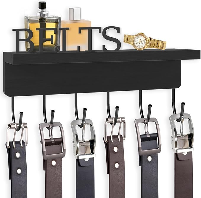 Belt Hanger Organizer for Closet, Wall Mount Belt Rack, Wooden Belt and Tie Organizer for Stores and Displays Mens Accessories (Length 9.8”) Black-Belts