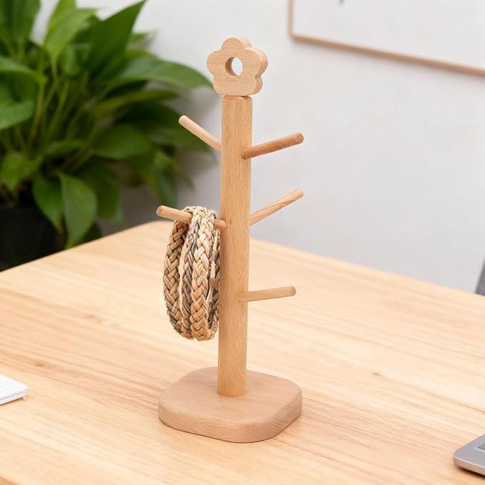 Wooden Hair Tie Holder, Beechwood Accessory Organizer with 6 Prongs for Scrunchies and Bands, Tabletop Storage Rack Home Boutique