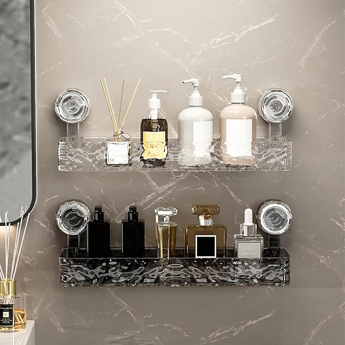 No-Drill Bathroom Suction Storage Box,Corrugated Suction Cup Storage Holder,Powerful Suction Storage Box,Removable Hanging Storage Basket, No Drilling Shelves Caddy, Ripple Acrylic (Long style-Clear)