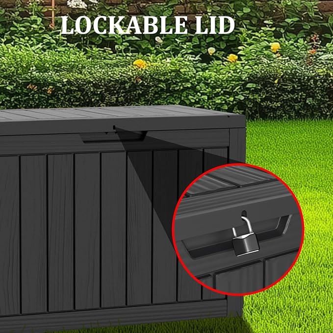 Outdoor Storage Box Waterproof, 180 Gallon Lockable Resin Deck Box Large Storage Bin for Patio Furniture Cushion, Garden Tools, Pool Accessories, UV-Resistant Outside Delivery, Black
