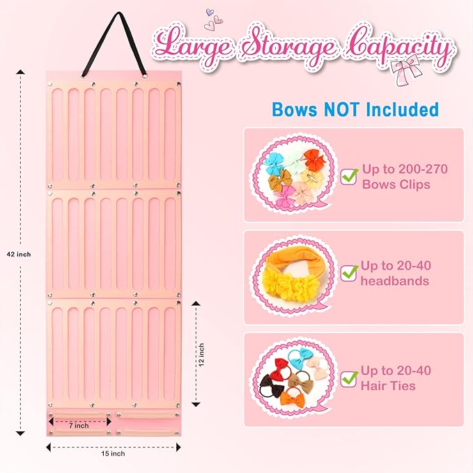 Vimiv Hair Bows Holder & Organizer w/Extra Large Capacity, Head Bows Hanger, 27 Ribbons, Baby Hair Accessory Storage Display with Sturdy Rope, Wall Hanging for Girl Room