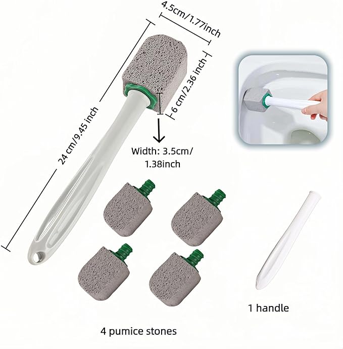 Pumice Toilet Brush Scrubber with 9.5” Handle - 1 Scrubber + 4 Pumice Stones - Remove Hard Water Stains, Rust & Lime from Toilet, Tub, Tile, Grill & Pool - No-Scratch, Easy Grip
