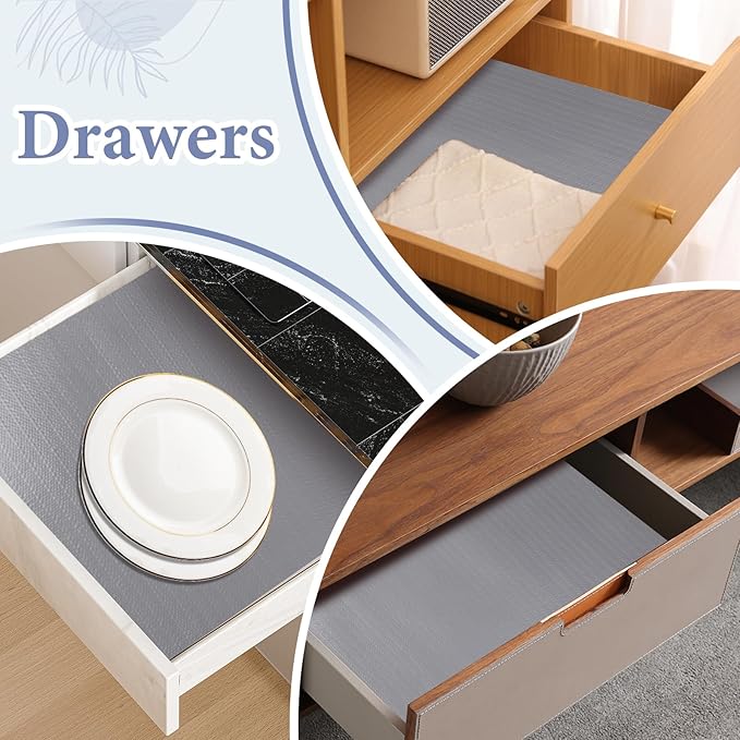 Drawer and Shelf Liner for Kitchen Cabinet: 12 in X 20 Ft Non Slip Waterproof Shelf Paper Non Adhesive Refrigerator Liners Gray Easy Liners for Bathroom Cupboard with Knife Tape Measure