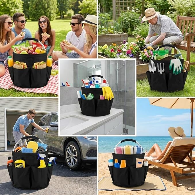 Multifunctional 17L Cleaning Caddy,Foldable 600D Organizer Bag with EVA Grip and 6 Pockets,Portable Storage Tote for Housekeeping,Car Detailing,Garden,Bathroom and Dorm (black)
