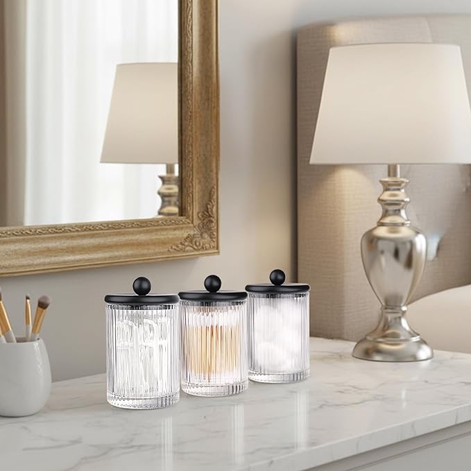 SheeChung 4-Pack Black Ribbed Glass Qtip Holder - Apothecary Jars Bathroom Organizer Set with Lids - Vanity Storage Canisters for Cotton Balls, Pads, Swabs, Floss Picks - Modern Farmhouse