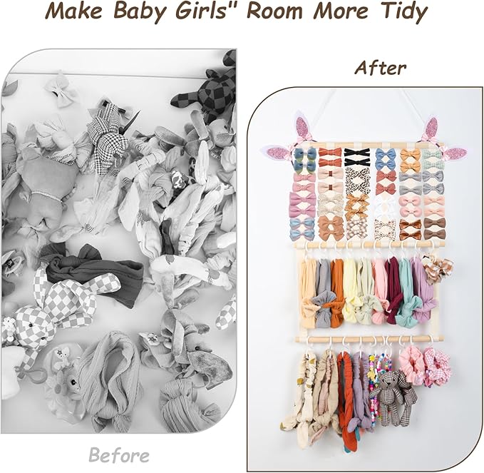 Bow Holder Organizer for Girls Hair Bows, 30x15in Large Headband Holder w/ 8 Ribbons & 20 Plastic Hooks, Wall Hanging Jewerly Clip Hair Accessories Organizer Storage for Baby Toddler(Beige)