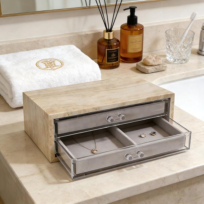 Natural Travertine Jewelry Box with 2 or 3 Drawer Organizers, Velvet Lined Storage for Rings and Necklaces (Large-2)
