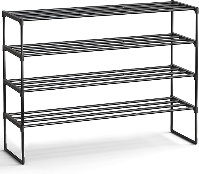 SONGMICS Shoe Rack, 4-Tier Shoe Organizer, Metal Storage Shelf, Upright or Upside Down, for 25-30 Pairs, Stackable, for Entryway, 11.8 x 46.1 x 29.5 Inches, Black ULSA034B01