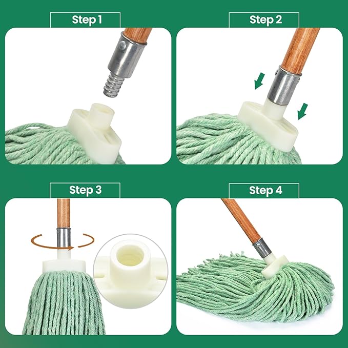 Matthew Cleaning Screw-on Heavy Duty Cotton Wet Mop Replacement Heads(Green, Medium,6 Pack) with 2 Pack Microfiber Cloth for Residential & Commercial Floor Cleaning Use- Fit Standard American Screw