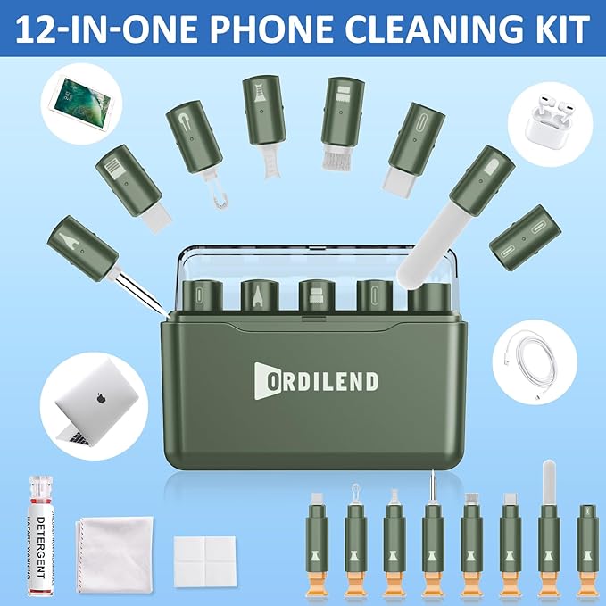 Ordilend for iPhone Cleaning Kit for Charging Port Cleaner, Multi-Tool iPhone Cleaner Repair Lightning Cable, cell Phone Cleaning Kit for iPad, Connector, Speaker, Airpod with Storage Case, Army Green