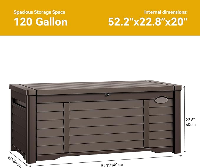 DWVO Large Deck Box 150 Gallon Waterproof Outdoor Storage Box, Extra Large Outdoor Bin, Resin Louvered Patio Storage for Pillows, Garden Tools & Pool Supplies, Lockable, Dark Brown