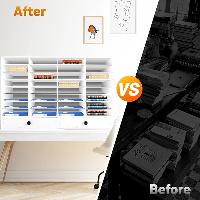 LOYALHEARTDY Literature Organizer,32 Compartment Office Mailbox with 2 Drawers,Paper and Mail Organizer,Paper Storage Cabinet Mail Organizer,39.4 X 12 X 25.2''Desktop File Sorter for Home&Office,White