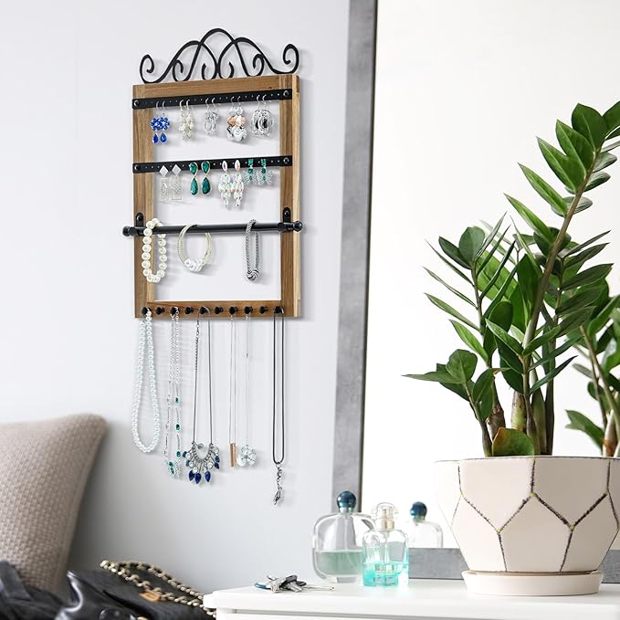 MyGift Premium Acacia Wood & Black Metal Wall Mounted Jewelry Organizer – Scrollwork Design Holder for Necklaces, Earrings, Bracelets & Accessories
