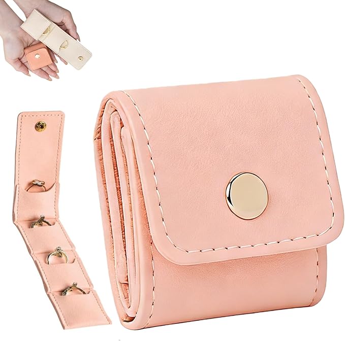 Mini Ring Holder Travel Case, Portable Jewelry Organizer Pouch for Rings, Earrings, Necklaces - Compact Foldable for Daily Use & Vacation (Pink)