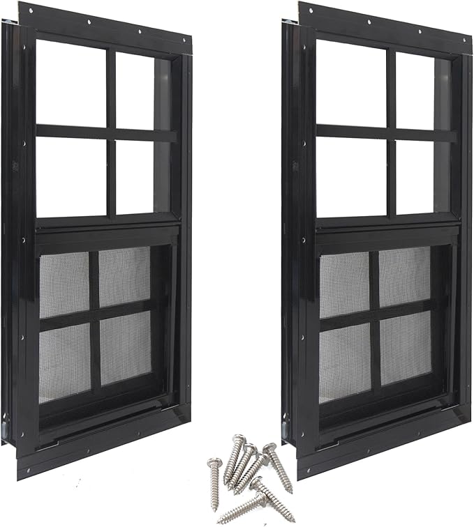 Yuzzy 12" x 18" Shed Windows with Tempered Glass and Fiberglass Screen, 2 Pack Small Sliding Windows for Shed, Chicken Coop, Playhouse, Household, Garage, Barns (Black)