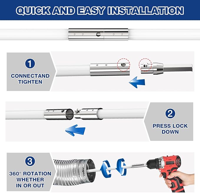 32 Feet Dryer Vent Cleaner Kit, Enhanced Flexible Quick Snap Brush with Drill Attachment for Effective Cleaning, 360 Degree Rotation Without Loosening, Use with or Without a Power Drill