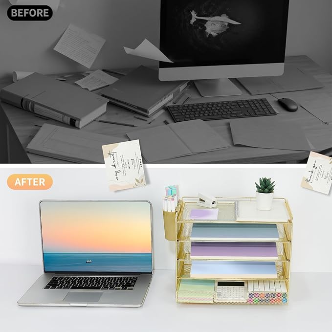 Desk Organizers and Accessories, 5-Tier Paper Letter Tray Organizer with Drawer & 2 Pen Holders, Desktop Organizer for Office Supplies (Gold)