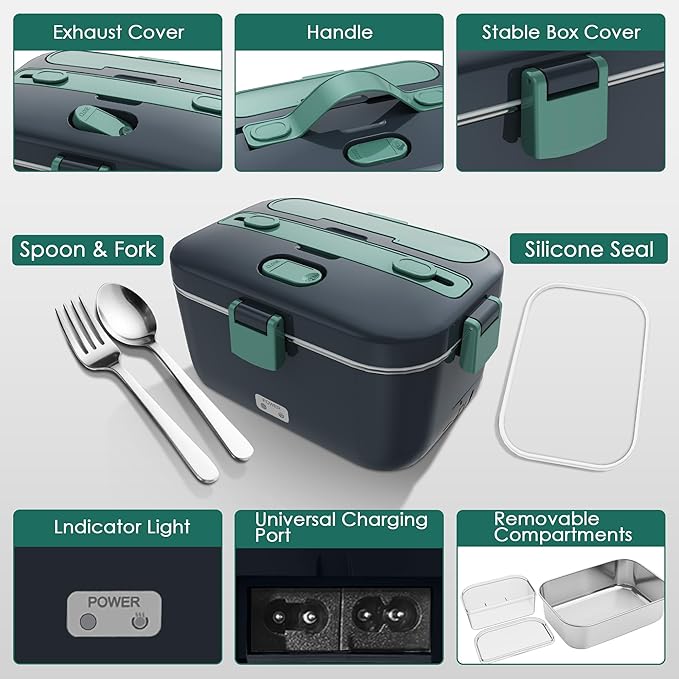 Electric-Lunch-Box-Heated-Food-Warmer 100W Heating Lunchbox for Adults 1.8L Portable Food Heater for Work/Car, 12V/24V/110-230V Lonchera Eléctrica Portátil with Fork Spoon (Gray+Green)