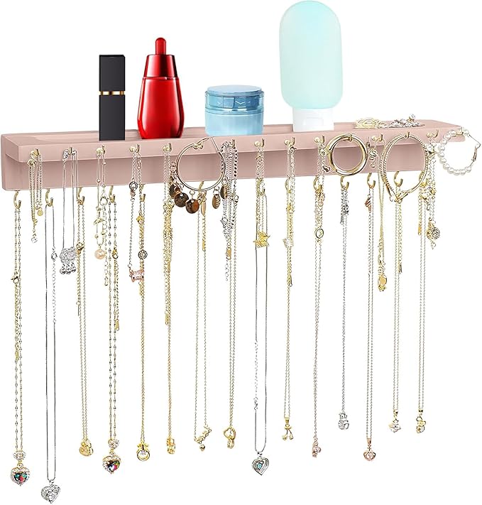 Necklace Holder, Upgraded Extra Large Wall Necklace Organizer with 30 Hooks Wall Mounted Necklace Hanger with Jewelry Tray/Cosmetics Shelf Rustic Pine Wood Holder (Pink)