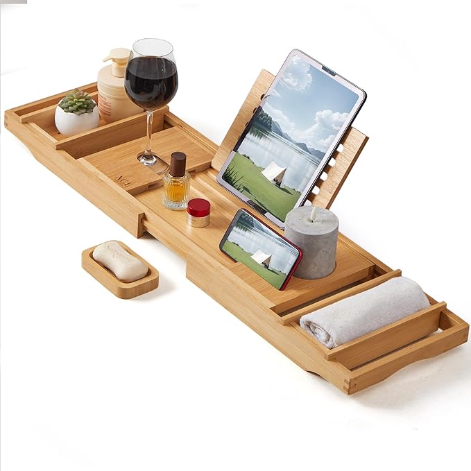 XcE Bamboo Bathtub Caddy Tray - Expandable to 41 Inches with Book Stand, Soap Holder & Anti-Slip Pads for Luxury Bath Spa, Natural