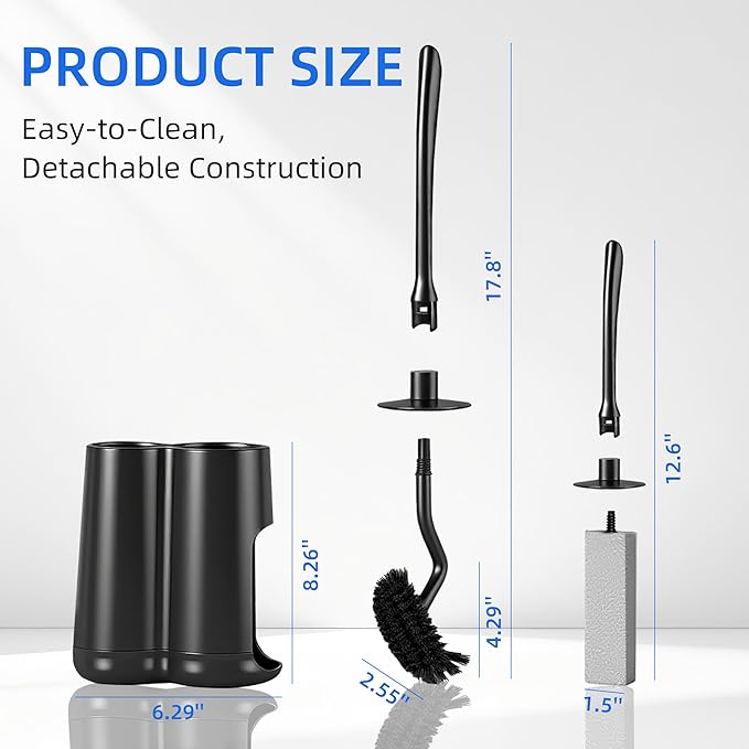 Toilet Brush and Holder Set with Pumice Stone – Long Handle Toilet Bowl Brush, Anti-Splash Scrubber, Ventilated Drip-Free Base, Deep Cleaner for Hard Water Stains, Limescale, Toilet Rings
