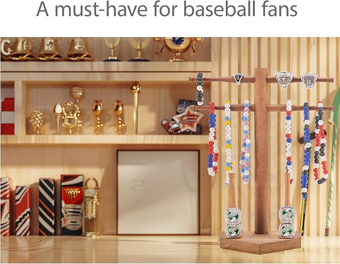 NEW Wooden Baseball & Softball Championship Ring Holder with Drip Necklace Display – Sports Organizer Baseball Gifts for Jewelry & Awards(NO TEXT)