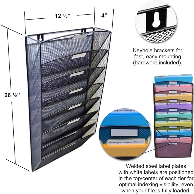 Ultimate Office Mesh Wall File Organizer, 8 Tier Vertical Mount Hanging File Sorter. Multipurpose Display Rack Includes 18, 3rd Cut PocketFile Clear Document Folder Project Pockets (Black)