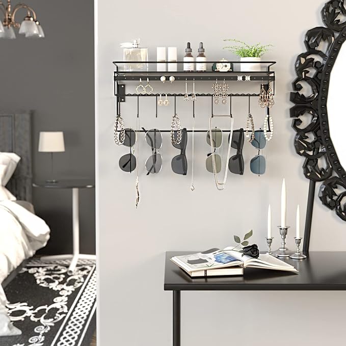 JackCubeDesign Gothic Wall Mounted Jewelry Organizer - Hanging Necklace, Earring, Bracelet Holder with Hooks and Shelf - Goth Room Decor, Iron Jewelry Display Storage Rack for Bedroom & Closet-MK238A