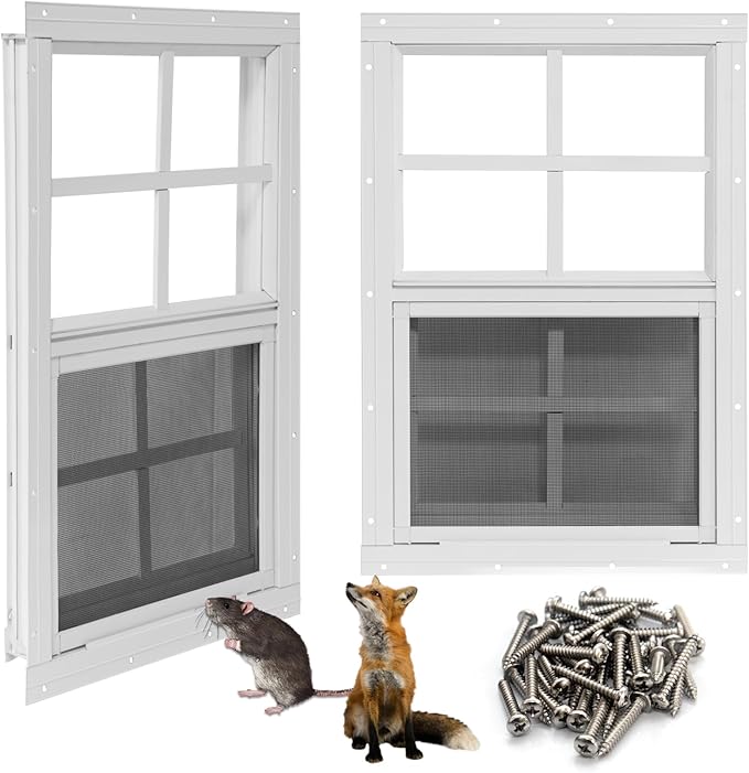 NeatiEase Upgraded Shed Windows 2 Pack, 24" x 30" Windows with Tempered Glass and Stainless Steel Screen for Shed, Chicken Coop, Playhouse, Household, Garage(White)