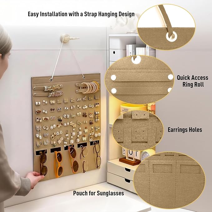 Hanging Jewelry Organizer Storage, Wall Jewelry Organizer Storage for Earrings Hooks, Necklaces, Bracelets and Sunglasses, Hanging Jewelry Organizer has Plenty of Space to Store Jewelry, Brown Color