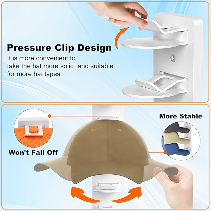 2 Pack Hat Organizer for Baseball Caps, Hat Rack for Wall Hold Up 16 Hats, Strong Adhesive & Screw-in Cap Holder hat hangers for Closet Door & Bedroom (White-2Pcak)