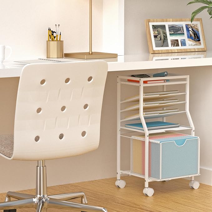 Rolling File Cart, 6-Tier Desk File Organizer on Lockable Wheels, White Wood Planks & Mesh Sliding Hanging Folder Drawer, Organization Cart for Office Home School