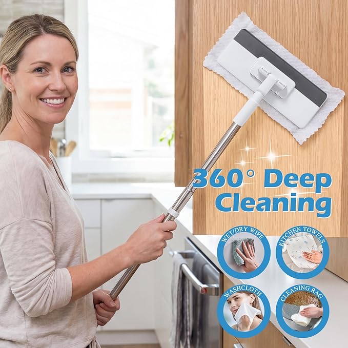 Mini Sweeper Mop,Masthome Reusable Clamp Mop with 50 " Stainless Steel Handle,1 Second Installation,Flat Dust Mops for House Wall,Bathroom, Windows, Corners, Includes 1 Sweeping Cloth