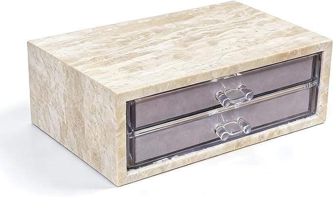 Natural Travertine Jewelry Box with 2 or 3 Drawer Organizers, Velvet Lined Storage for Rings and Necklaces (Small-2)