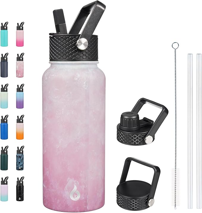 BJPKPK Insulated Water Bottles with Straw Lid, 32oz Metal Large Water Bottle with 3 Lids, Reusable Leak Proof BPA Free Thermo, Stainless Steel Tumblers for Sports, Gym, Travel-Blossom