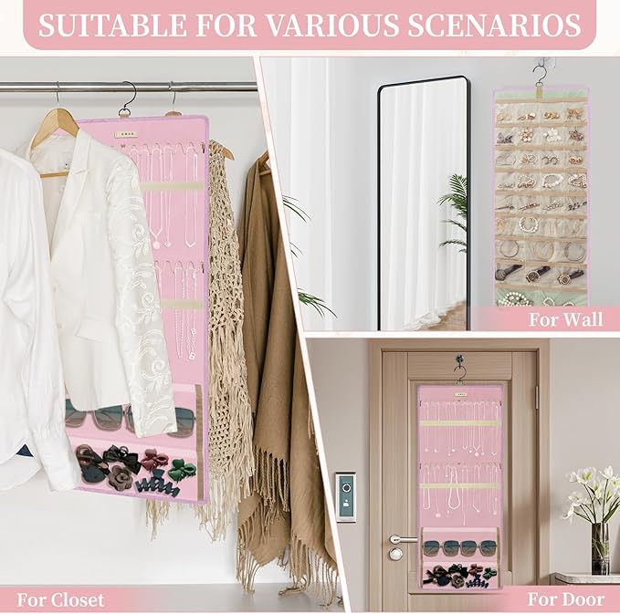 GMAK Hanging Jewelry Organizer with Hanger Metal Hooks, Double-Sided Jewelry Holder Accessories Organizer Storage Roll for Jewelry, Earrings, Bracelets, Necklaces, Rings - Pink