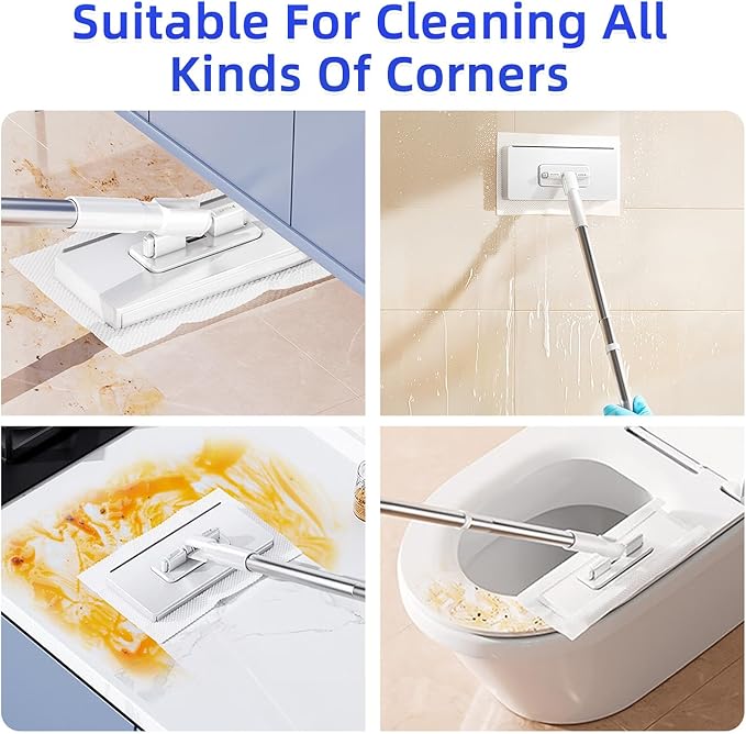 Snap-Grip Mini Mop with 39in Handle — INWEJIA Zero-Touch Gap Dust Cleaner & Locking Head, Disposable Lazy Mop Wet and Dry for Kitchen Bathroom Toilet Corners Window Wall Cleaning