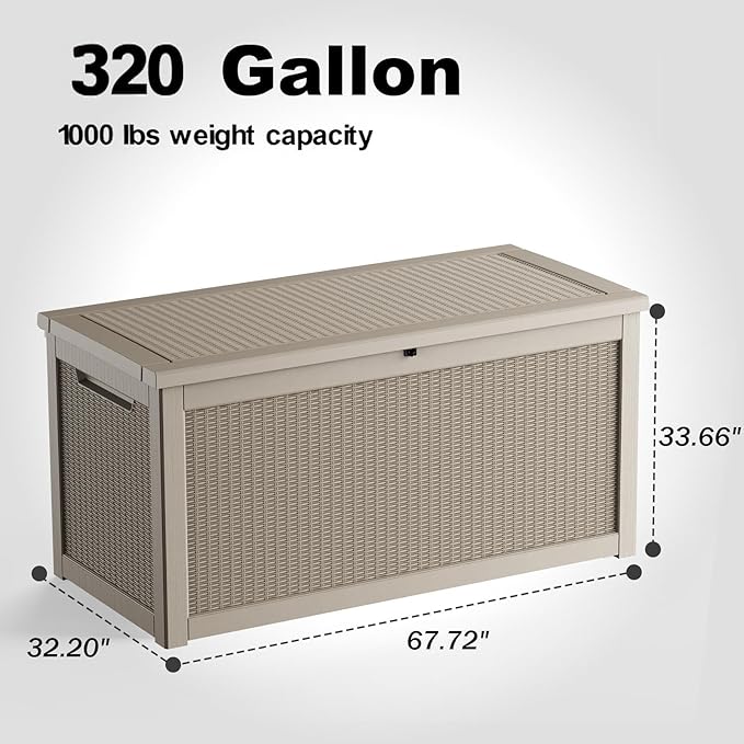 320 Gallon Outdoor Deck Box,Waterproof Resin Outdoor Storage Boxes, Outside Storage Lockable Container for Garden Tools,Indooor Cushions,Accessories (Grey)
