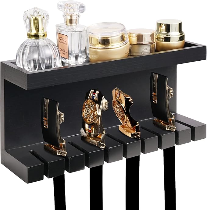 Belt Organizer - Wall Mounted Hanger with Double Shelving, Universal Rack for Men & Women, Black