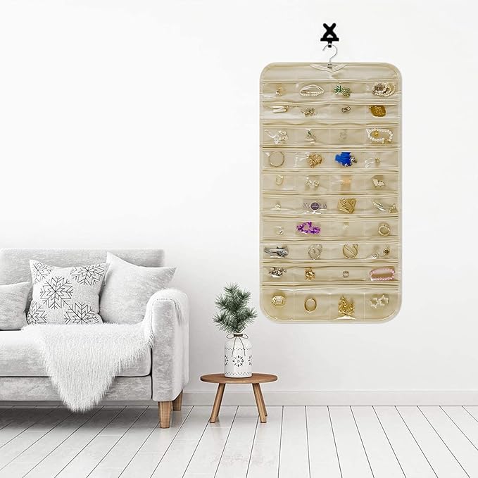 Hanging Jewelry Organizer Storage Roll with Hanger Metal Hooks Double-Sided Jewelry Holder for Necklaces, Earrings, Rings on Door, Wall, Closet, 48 Pocket Organizer,Beige