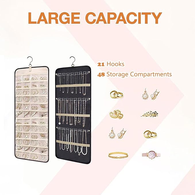 Jewelry Organizer Hanging Storage Roll-Large Closet Wall Jewelry Storage Organizer with Hanger Metal Hooks Travel Jewelry Holder for Earrings, Necklaces, Rings (Black)