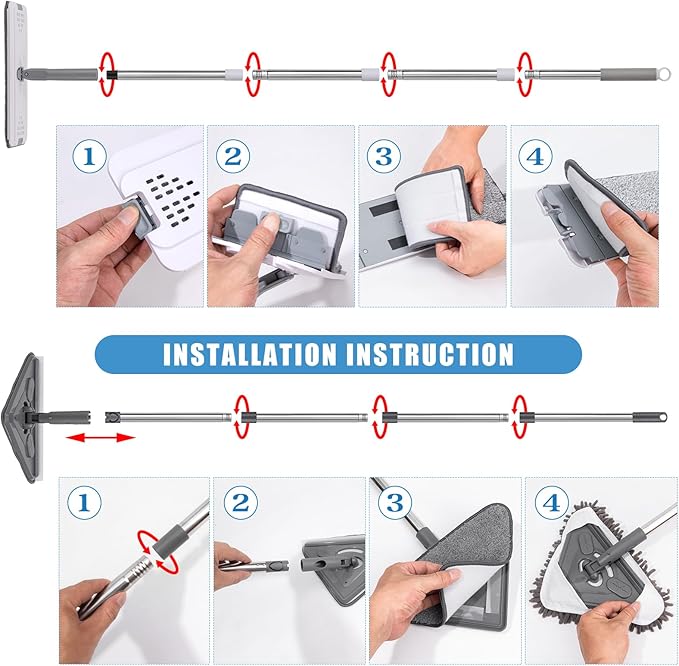 Mops for Floor Cleaning with 57" Long Handle, Wall Cleaner Mop with 84'' Handle, 2 Reusable Pads, Wet and Dust Mopping for Hardwood, Laminate, Tile Floor, Wall, Ceiling, 7Pcs Gray