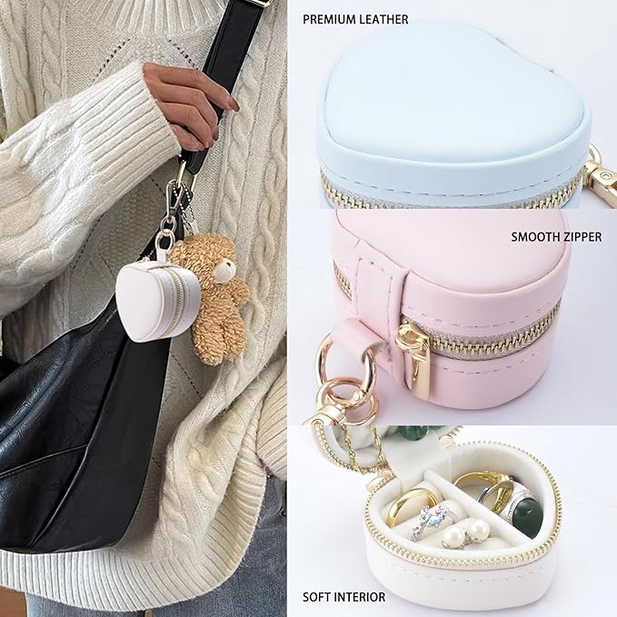 Heart Shape Ring Holder Keychain, Mini Travel Jewelry Case for Wedding Ring, Sports & Vacation, Portable Zipper Clutch Organizer for Earrings Necklace, Premium Gift for Women Girls (White)