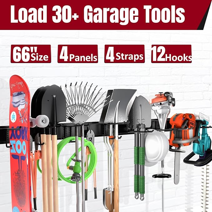 Garage Tool Organizer Wall Mount-66 Inch Heavy Duty Tool Storage Rack with 12 Hooks & 4 Storage Straps, Space Saving Wall Hanger for Garden & Shed Tools, Fits 16" Wall Studs