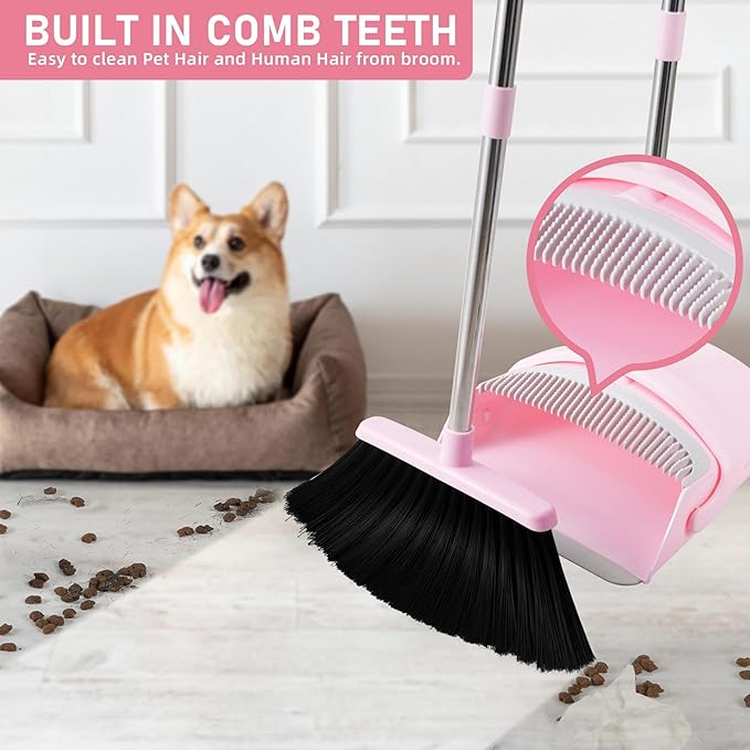 Pink Broom and Dustpan Set, 52-in Handle Broom Dustpan Combo Set Household Hand Broom with Dustpan Teeth to Clean Hair for Home Kitchen Office Lobby Sweeping Indoor（Pink）